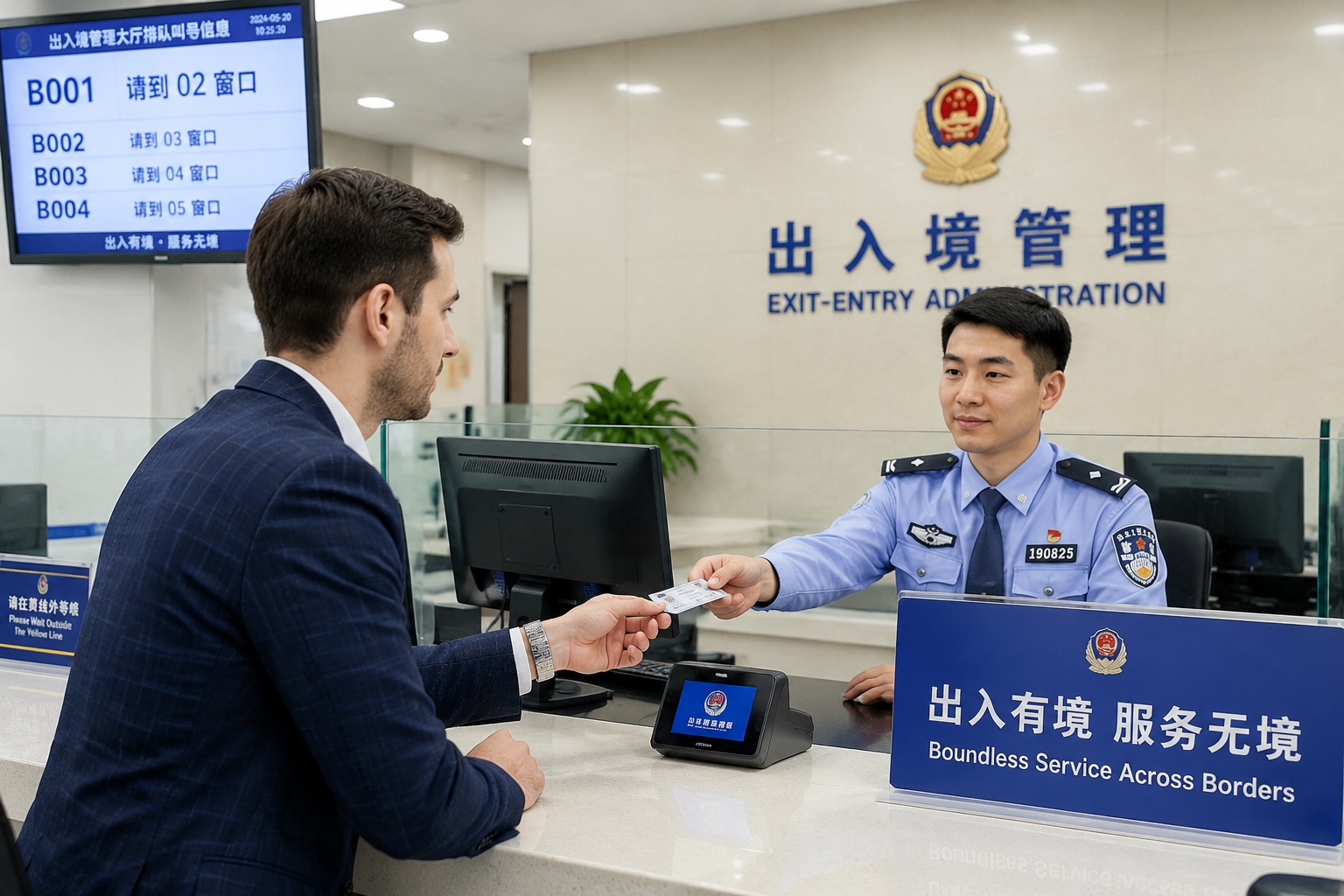 Foreigner receiving a China Permanent Residence ID card at a government service window with an official card reader
