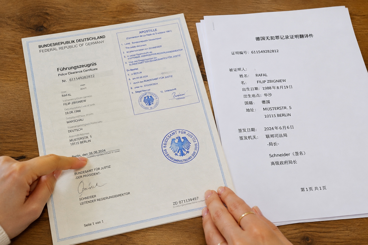 German police clearance certificate with apostille and Chinese translation used for a China permanent residence application