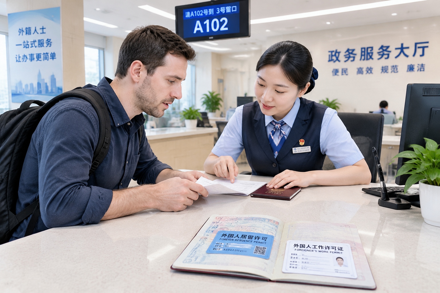 China's Work Visa Is Tied to Your Employer, So Changing Jobs Means Updating Both Your Work Permit and Residence Permit 22 Foreign professional applying for a new residence permit at China's Entry-Exit Administration while showing his passport and work permit