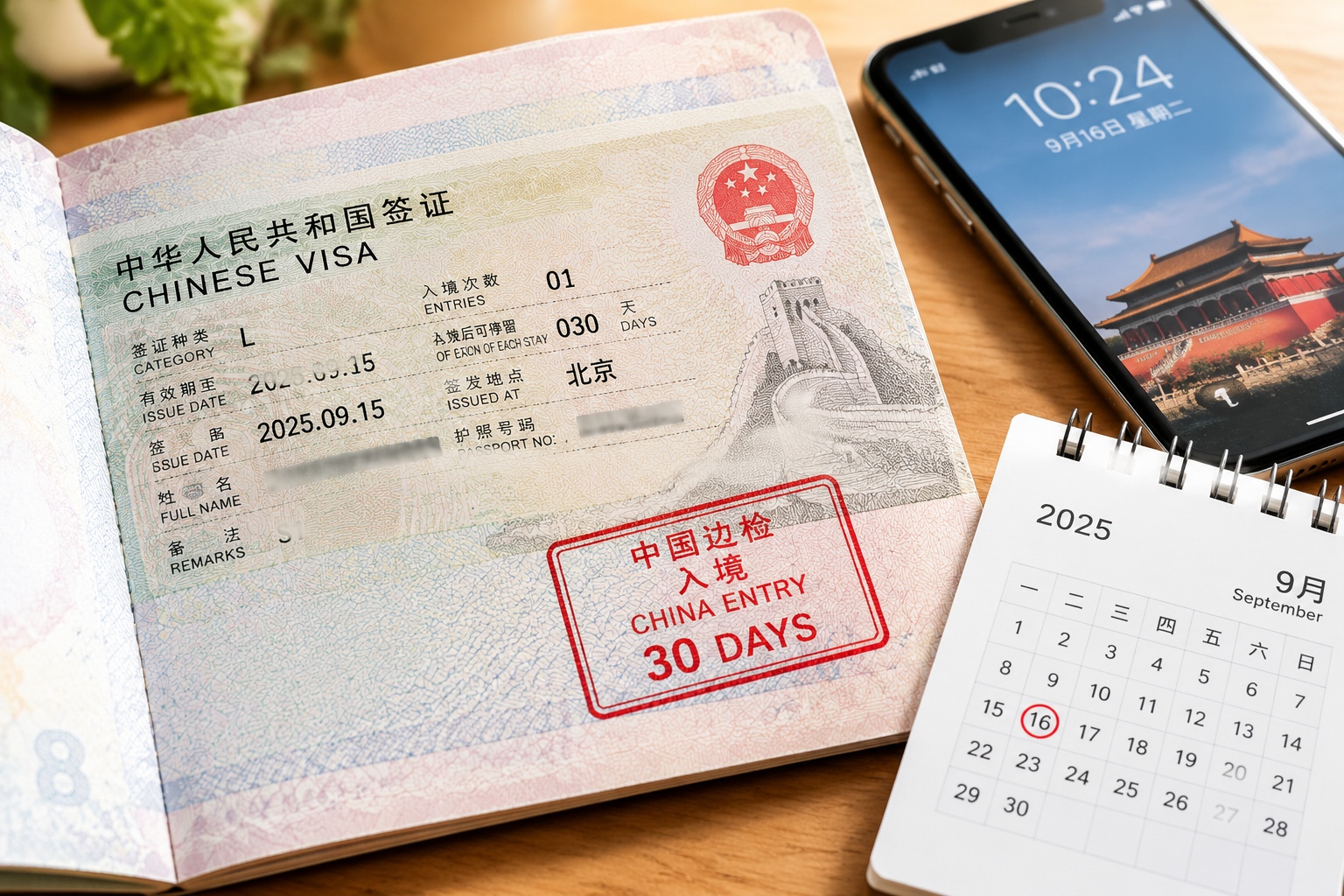 Passport with Chinese Z visa and 30-day entry stamp lying next to a calendar - check your stay duration immediately after arrival.