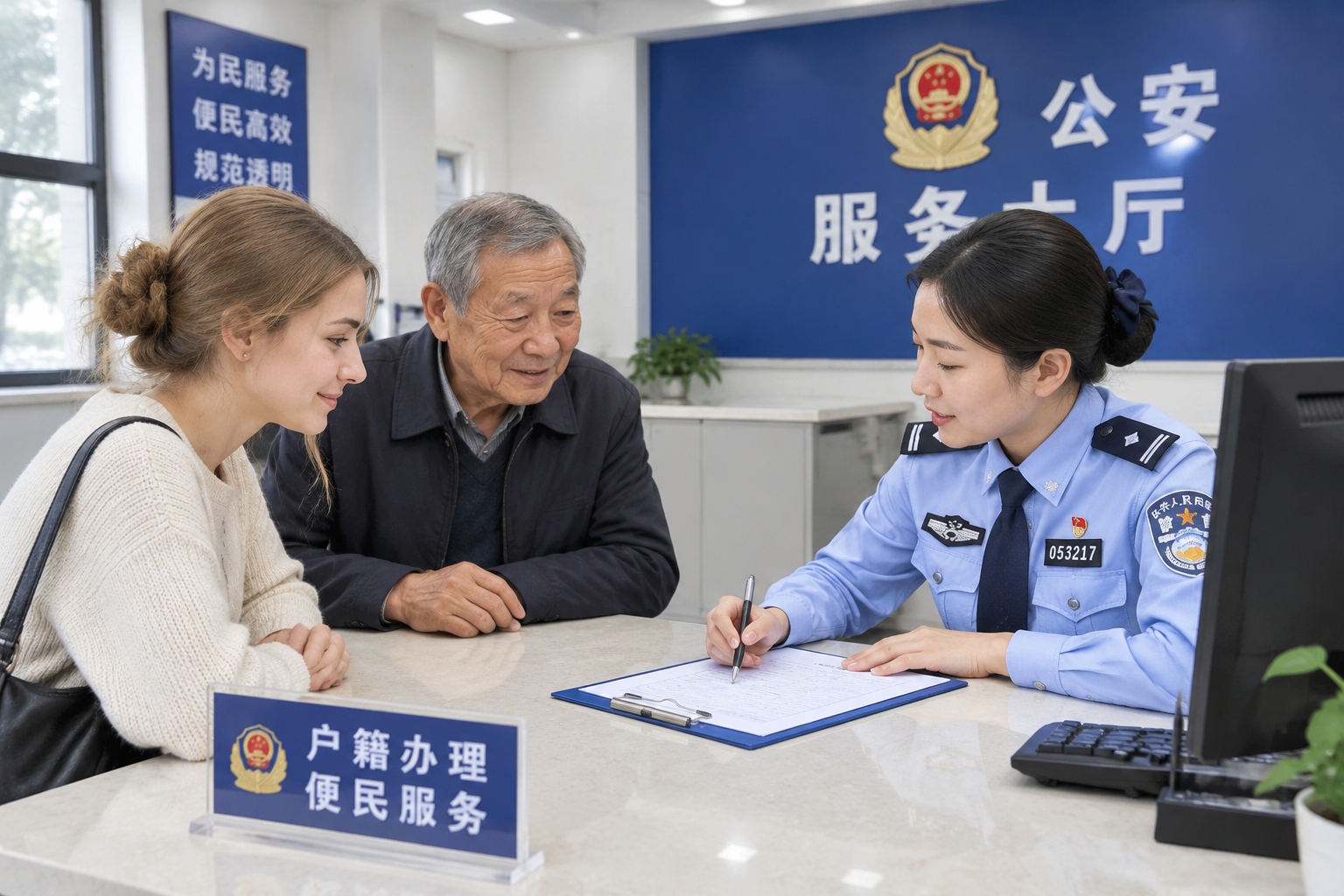 Foreign tenant and Chinese landlord completing accommodation registration at a local police station in China