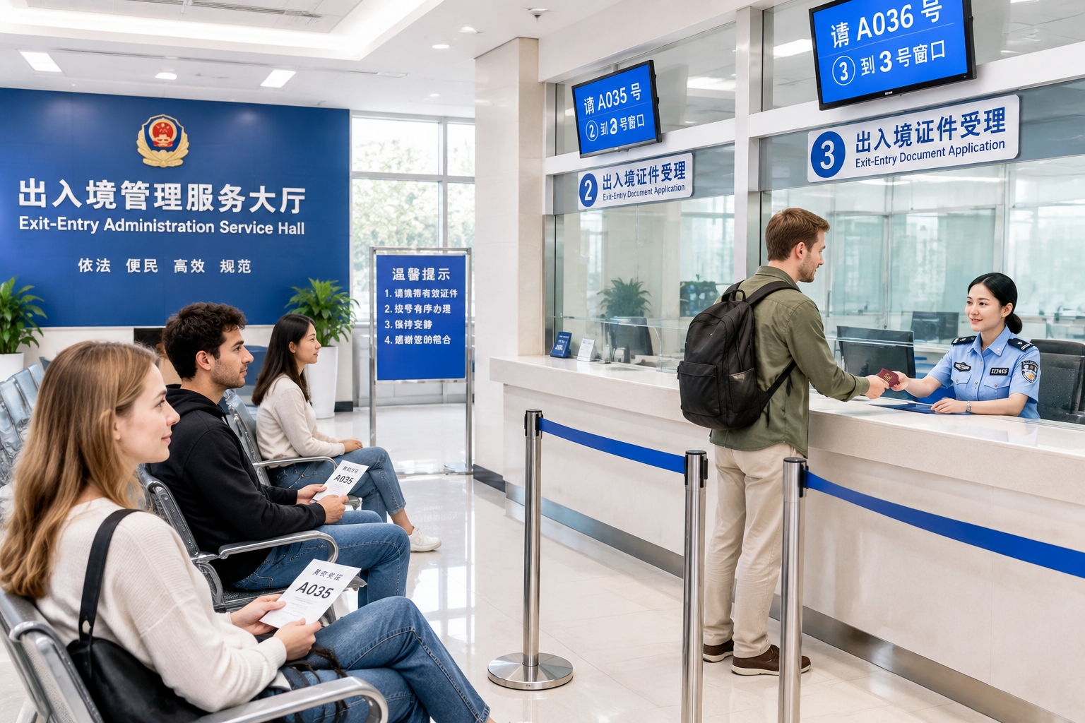 Foreigners applying for residence permit at an Exit-Entry Administration Bureau service hall in China