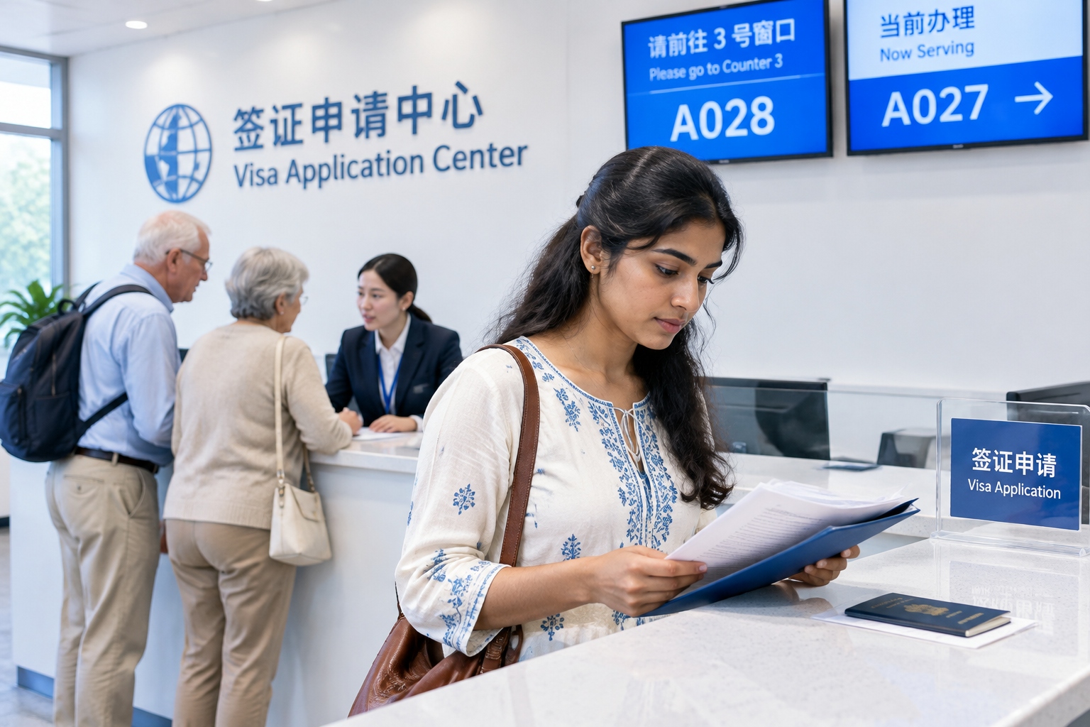 Visa applicants carefully checking documents at the Chinese visa application service center before submission.