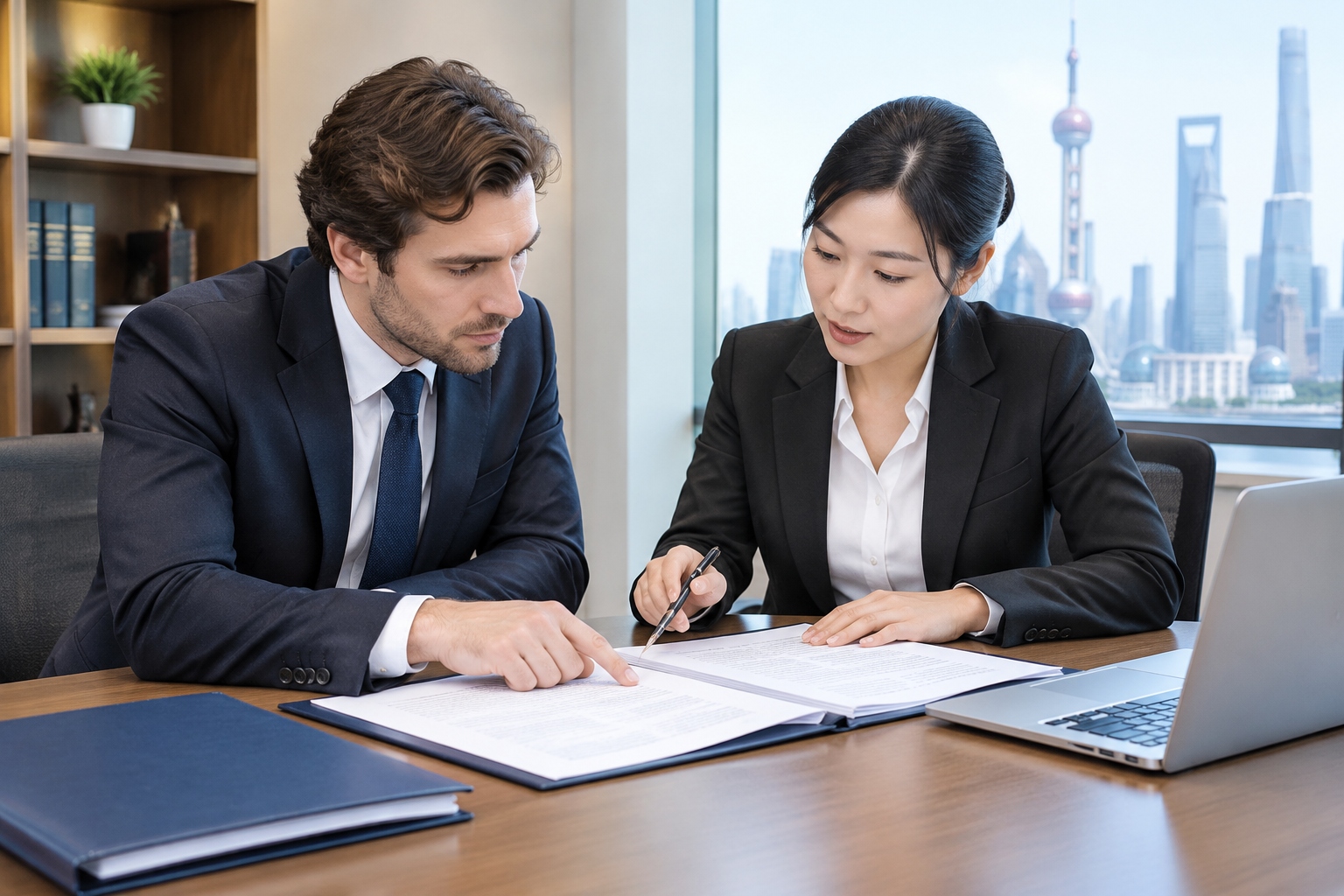 Expat employee and Chinese lawyer reviewing a non-compete clause before accepting a job in China