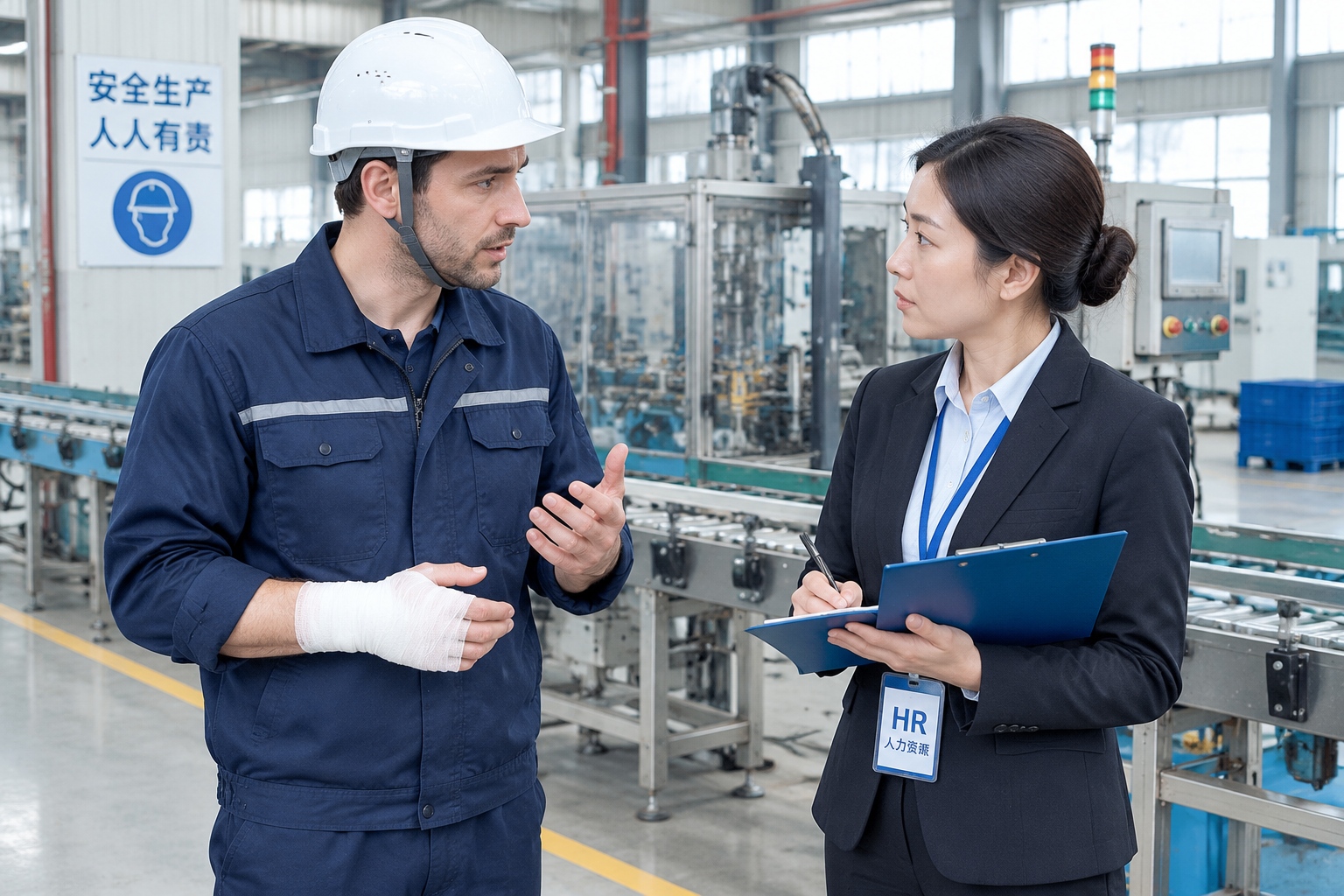 Expat maintenance engineer reporting a workplace accident to Chinese HR at a factory
