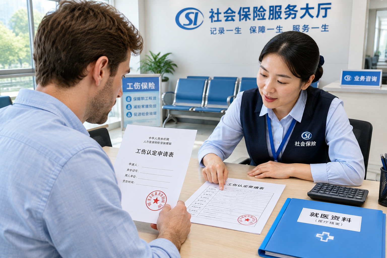 Foreign worker reviewing work injury compensation documents at a Chinese social insurance bureau