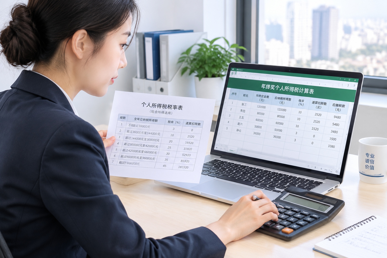 Calculating China year-end bonus tax for expatriate employee using spreadsheet and calculator