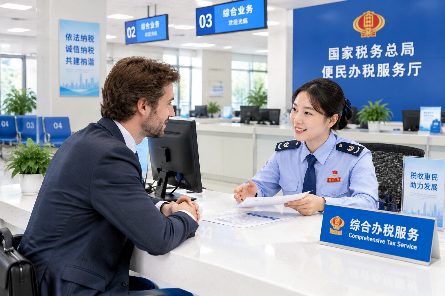 Tax Treatment of Stock Options and Restricted Shares for Foreign Employees in China 22 A foreign employee in China receiving tax filing guidance from a Chinese tax official inside a spacious tax service hall