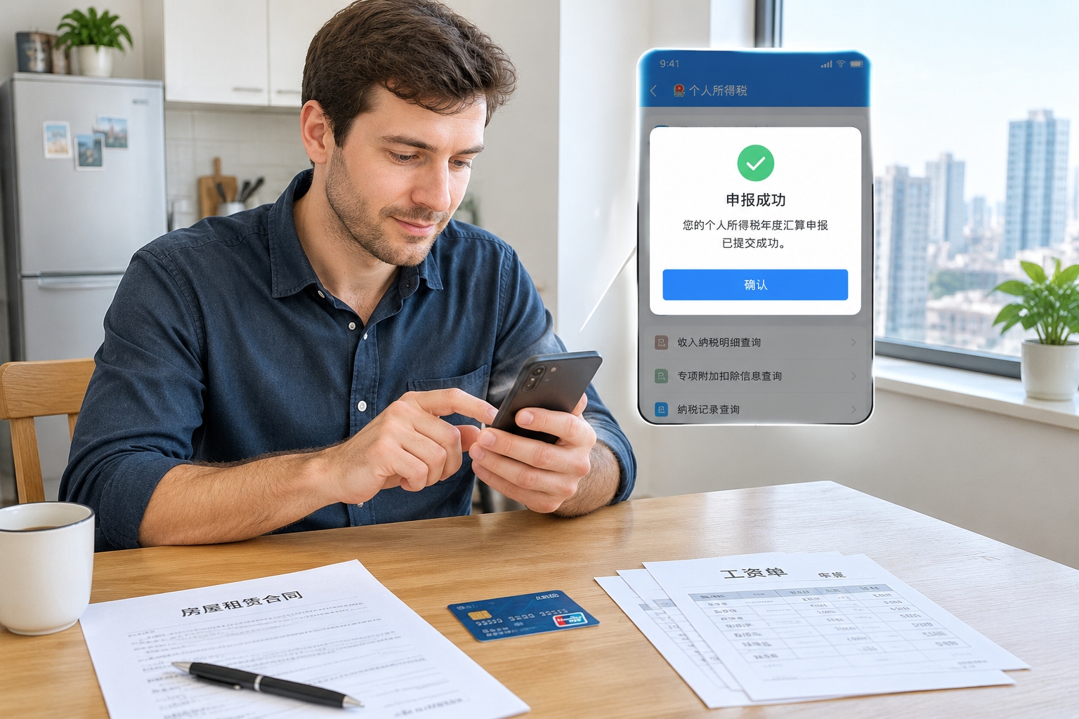 Foreign employee in China preparing annual tax reconciliation with a smartphone, rental contract and pay slips on the table
