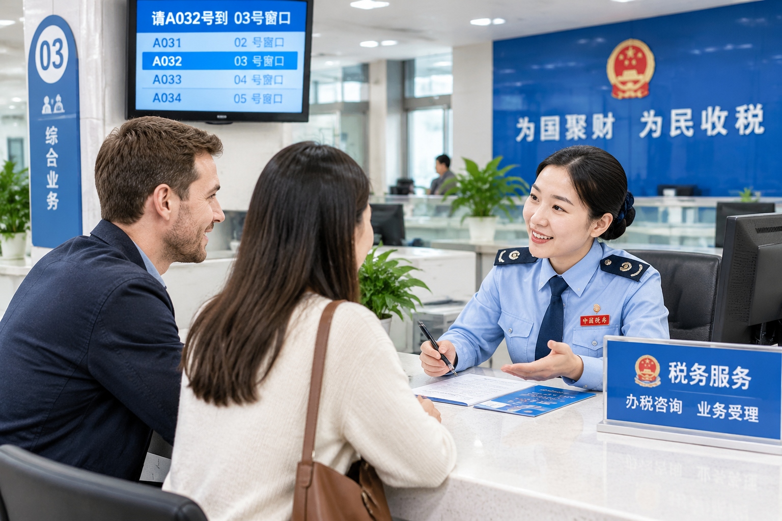 Foreign taxpayer asking for help at a Chinese tax bureau service desk during annual tax reconciliation season