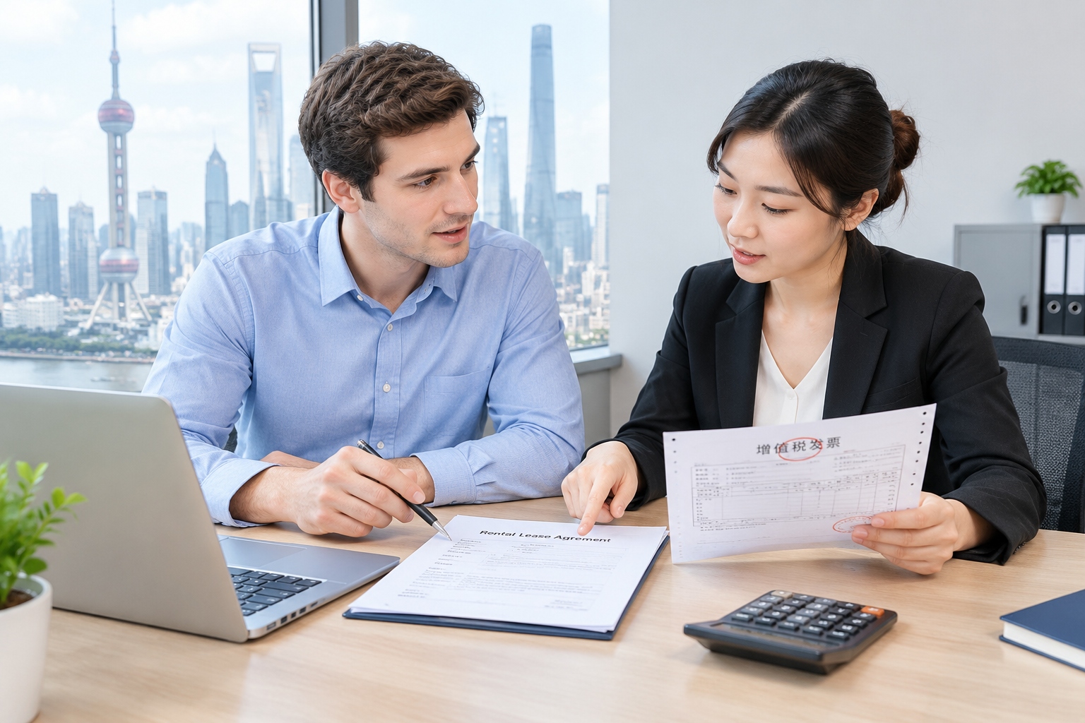 China VAT Basics: Common Scenarios for Foreign Individuals and Businesses 22 Expat professional reviewing a rental lease and a China VAT invoice with a finance colleague in an office