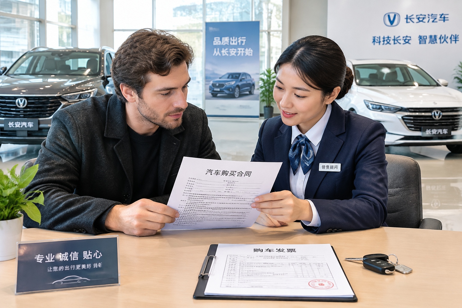China VAT Basics: Common Scenarios for Foreign Individuals and Businesses 23 Foreign buyer looking at a vehicle purchase contract and VAT invoice at a car dealership in China