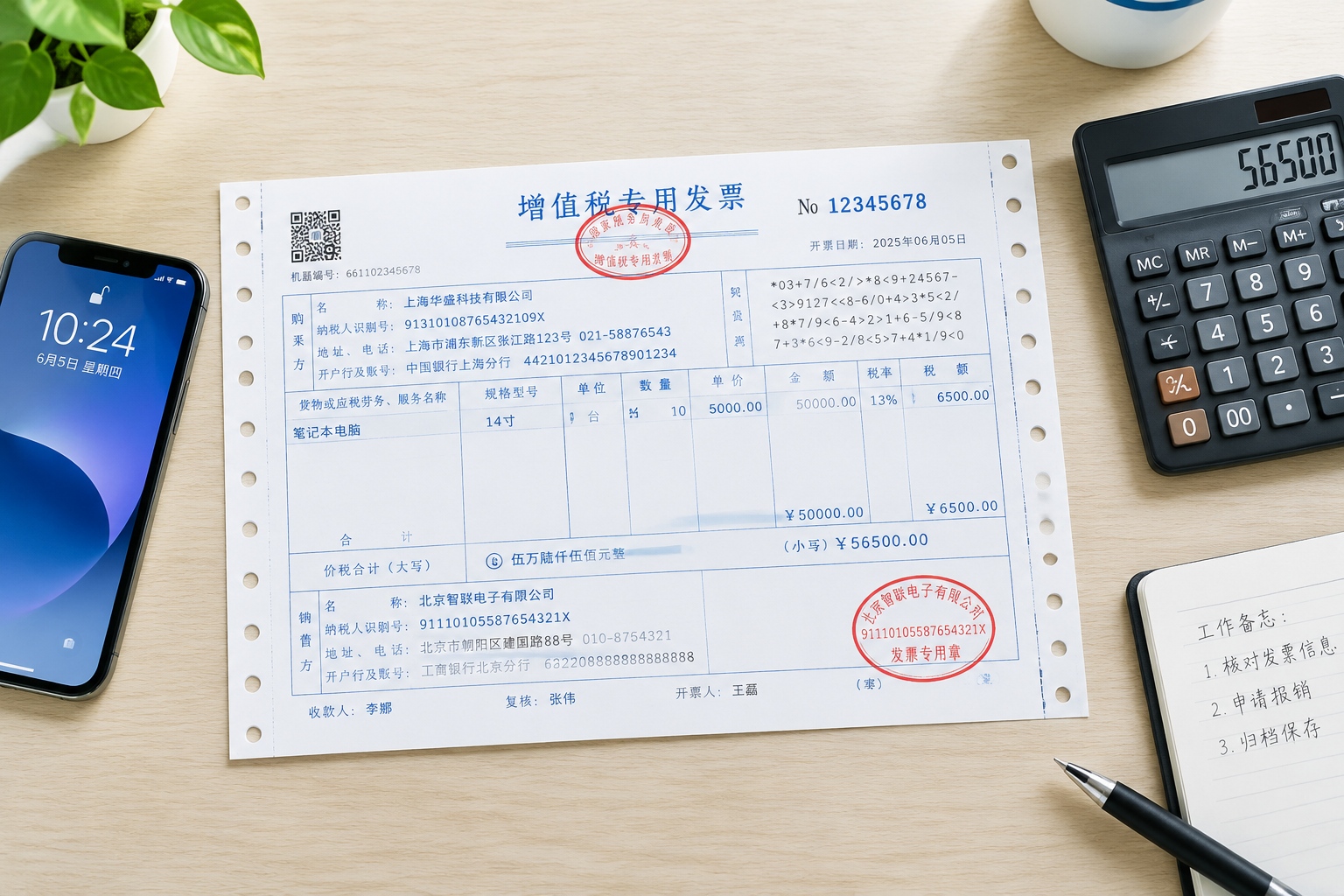 China VAT Basics: Common Scenarios for Foreign Individuals and Businesses 24 Close-up of a Chinese VAT special invoice showing the tax amount and buyer details on a finance desk