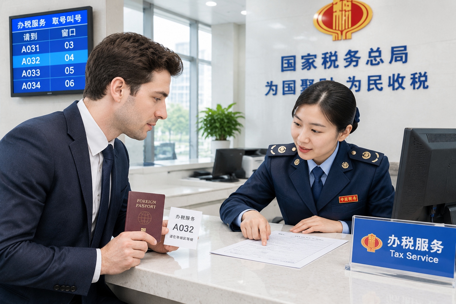 Foreign resident applying for tax clearance before leaving China at a Chinese tax service hall