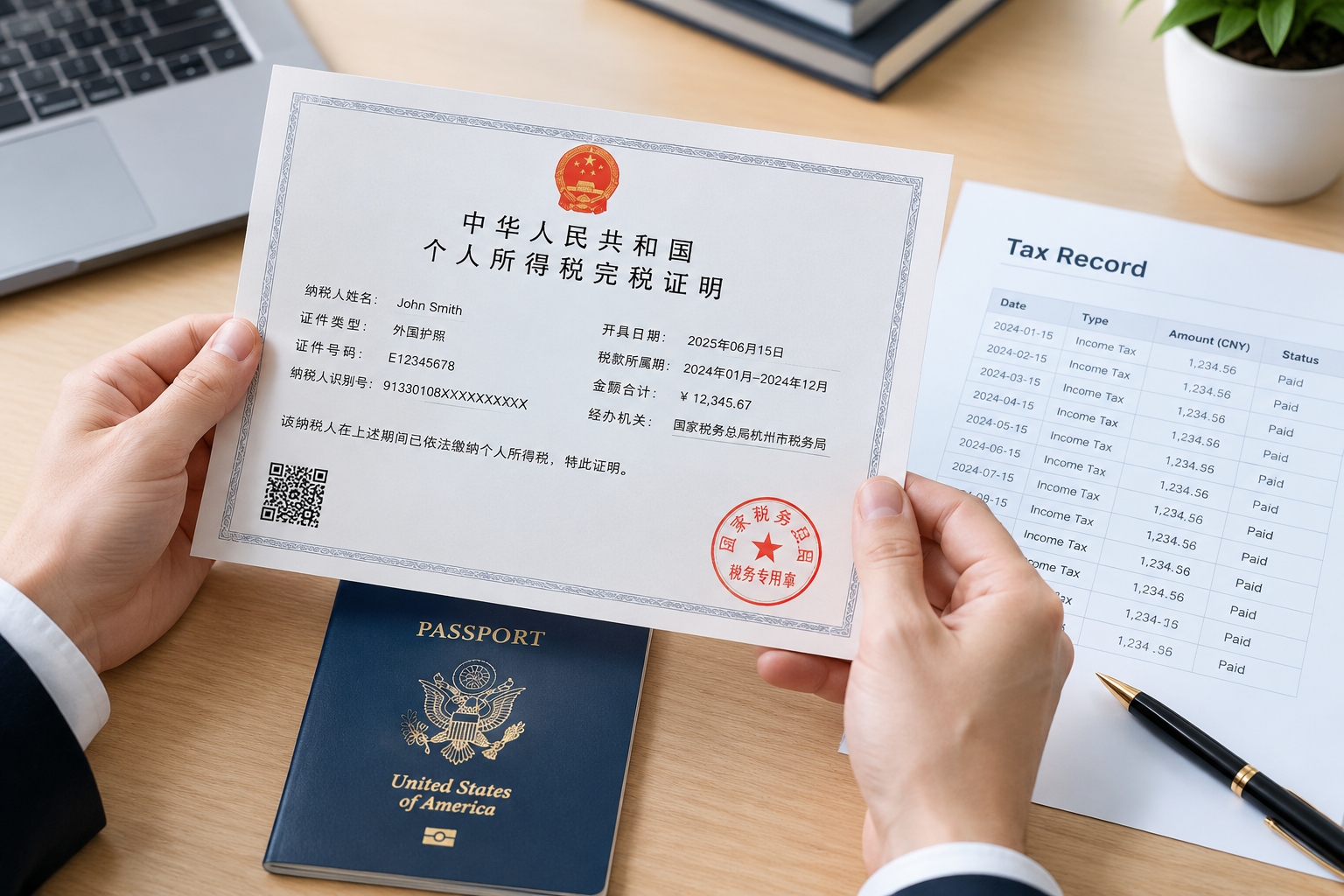 Chinese Tax Clearance Certificate with official red stamp and passport