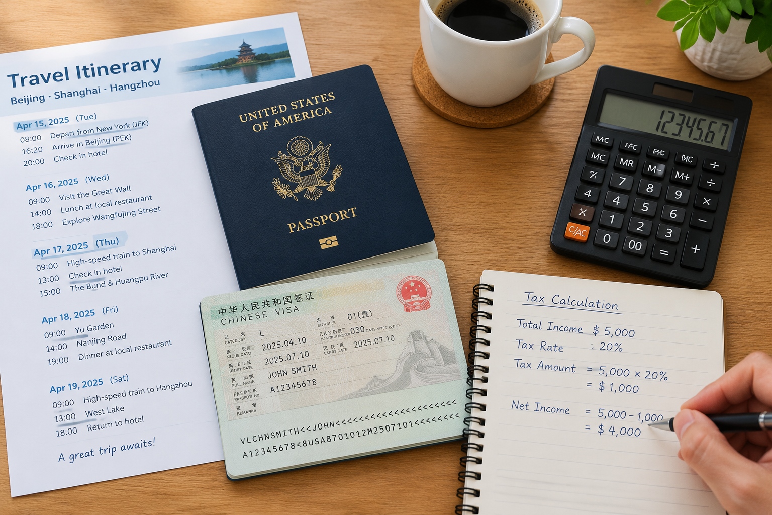 Tax for Non-Resident Individuals Providing Services in China: Temporary Work and Your Tax Burden 23 Passport, China visa, tax form and calculator show non-resident income tax calculation for temporary work