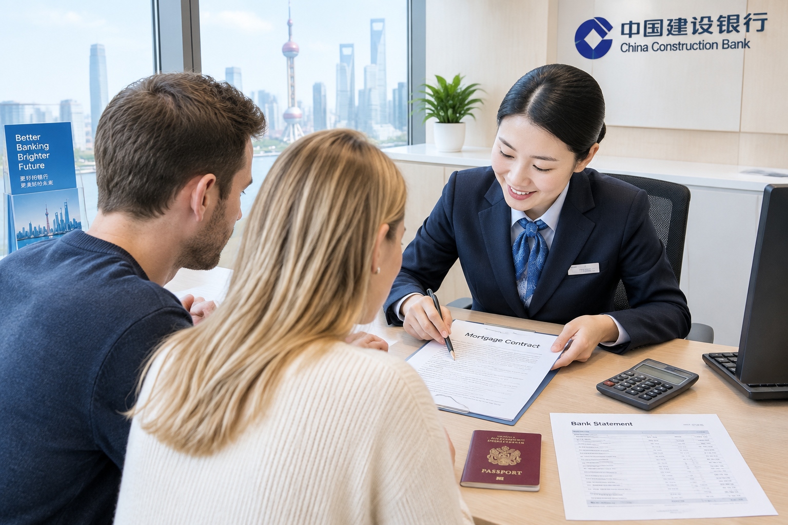 Buying a Home in China with a Mortgage: Which Banks Accept Foreign Nationals and What Are the Rates? 22 Foreign couple in Shanghai bank reviewing mortgage documents with bank employee