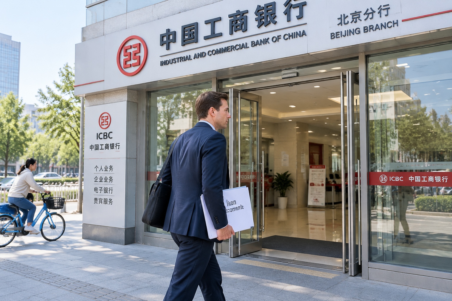 Buying a Home in China with a Mortgage: Which Banks Accept Foreign Nationals and What Are the Rates? 23 Foreign business professional entering a Chinese bank with mortgage documents in Beijing