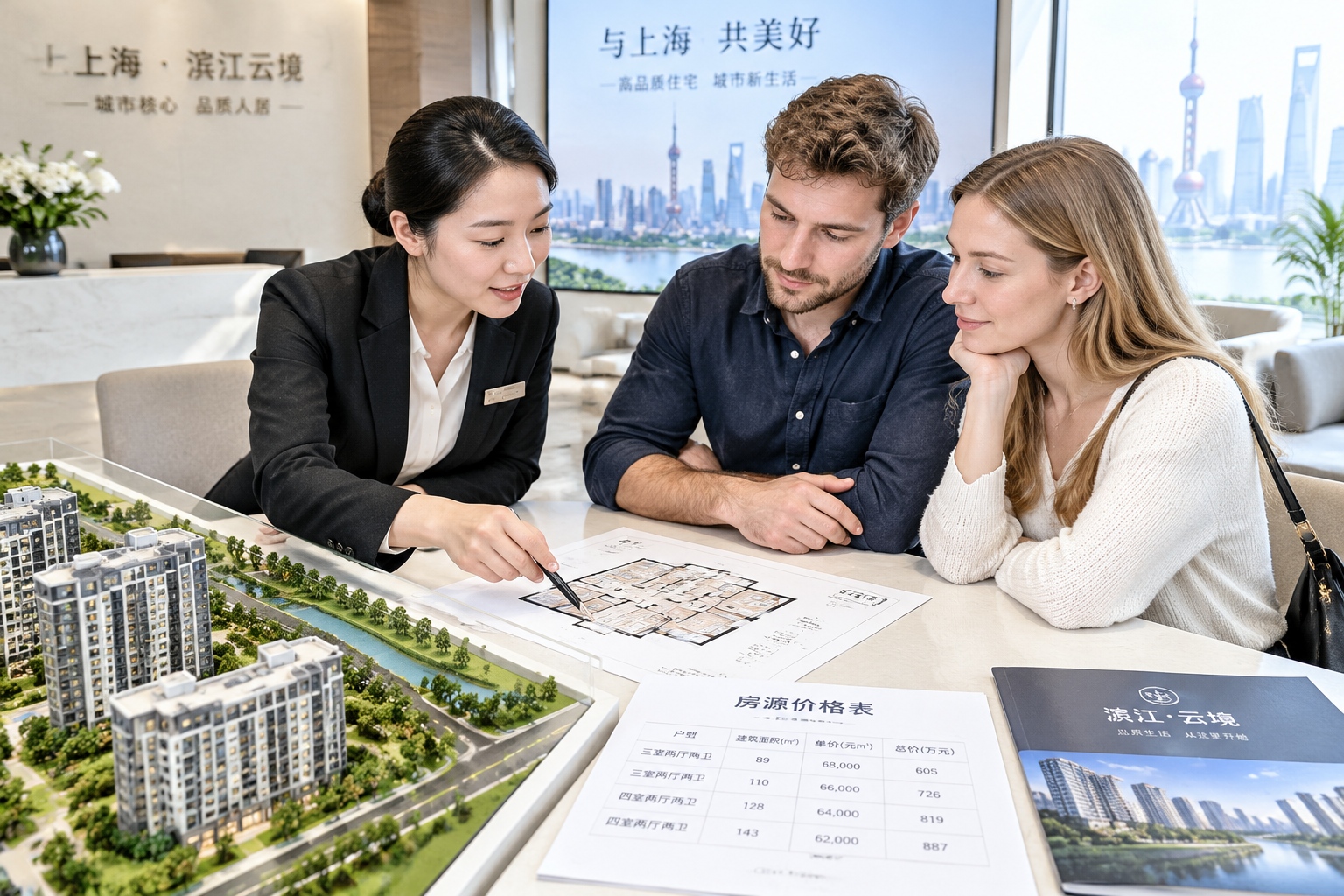 A Foreigner's Guide to Mortgages in China: Comparing Policies in Shanghai, Beijing, Shenzhen and Guangzhou 22 Foreign couple reviewing a housing project model with a sales agent in Shanghai real estate office
