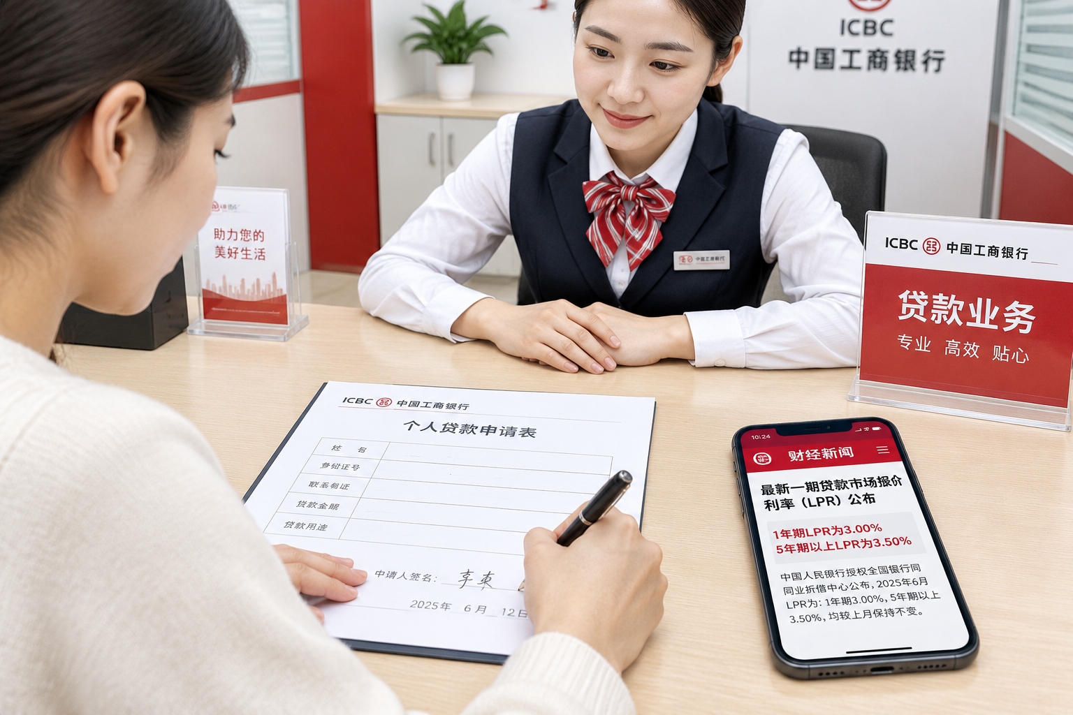 A Foreigner's Guide to Mortgages in China: Comparing Policies in Shanghai, Beijing, Shenzhen and Guangzhou 23 Signing a Chinese mortgage application form with a phone showing LPR interest rate news nearby