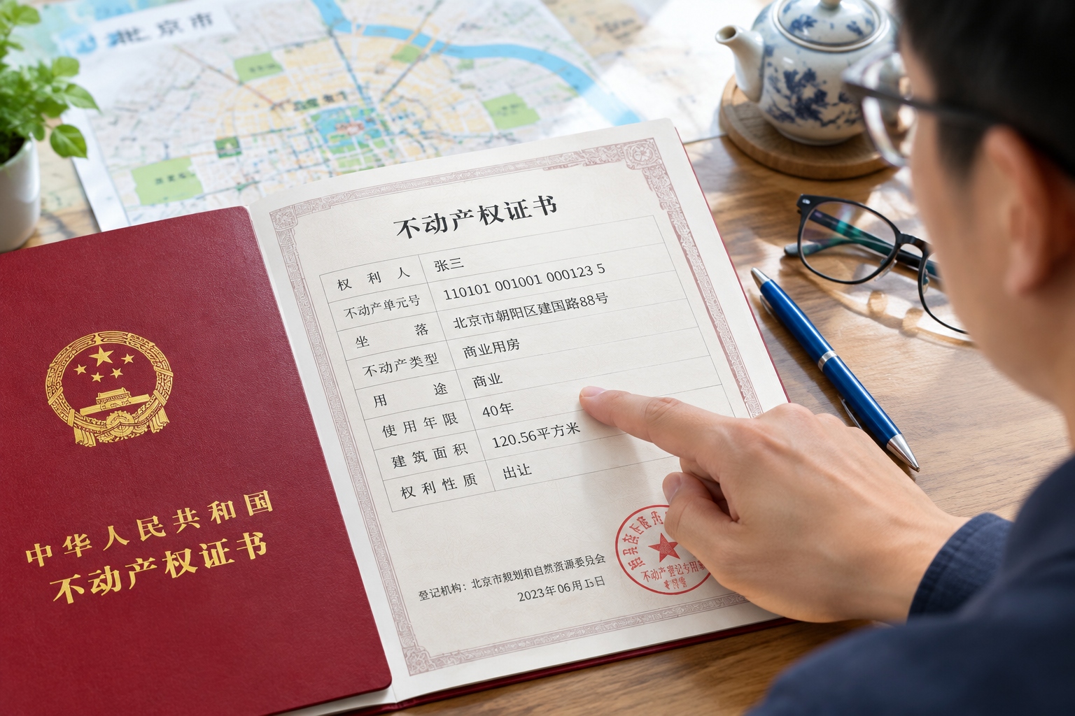 Chinese real estate certificate showing commercial land use and a 40-year term
