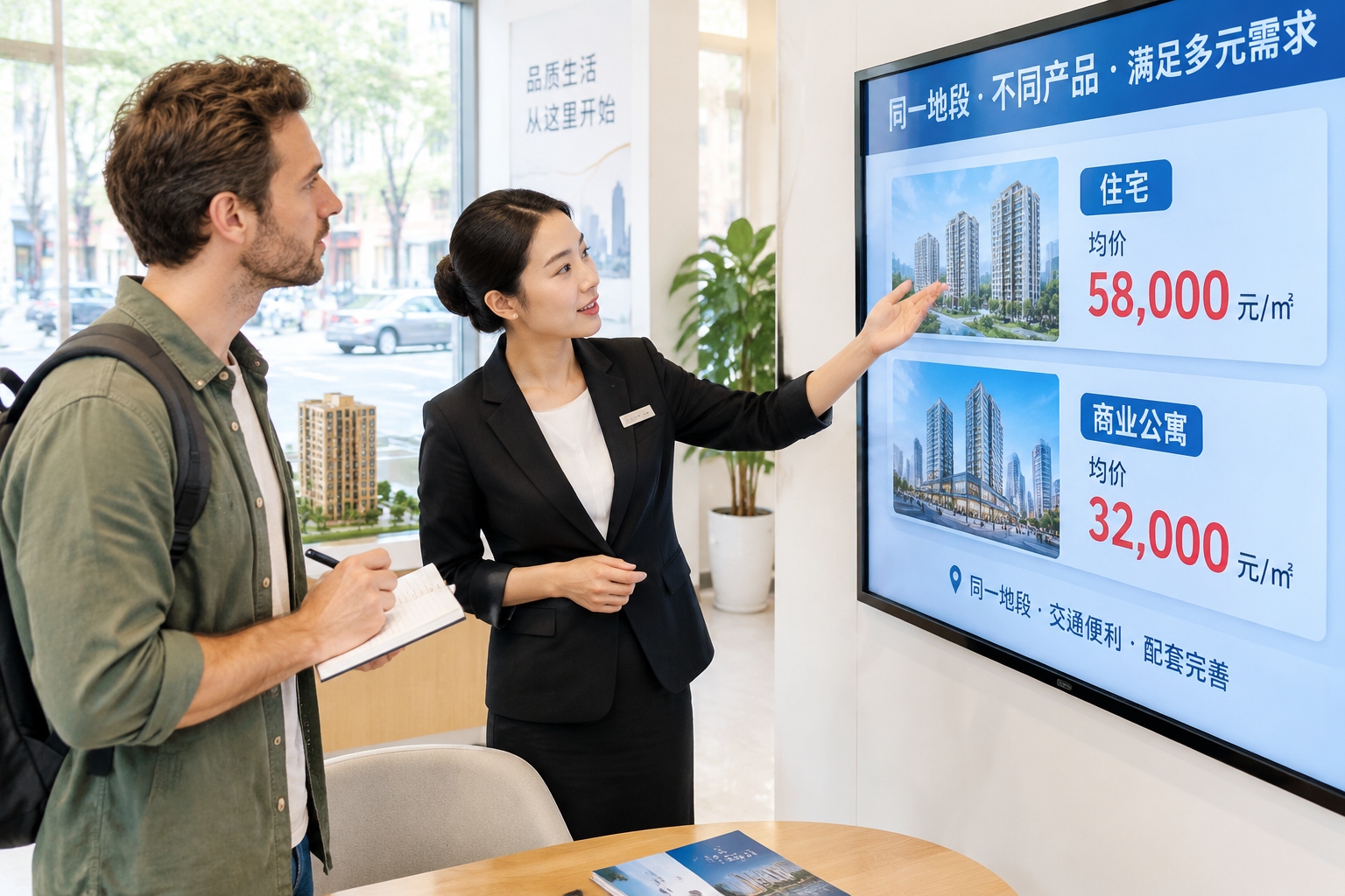 Real estate agency board comparing residential and commercial apartment prices in China