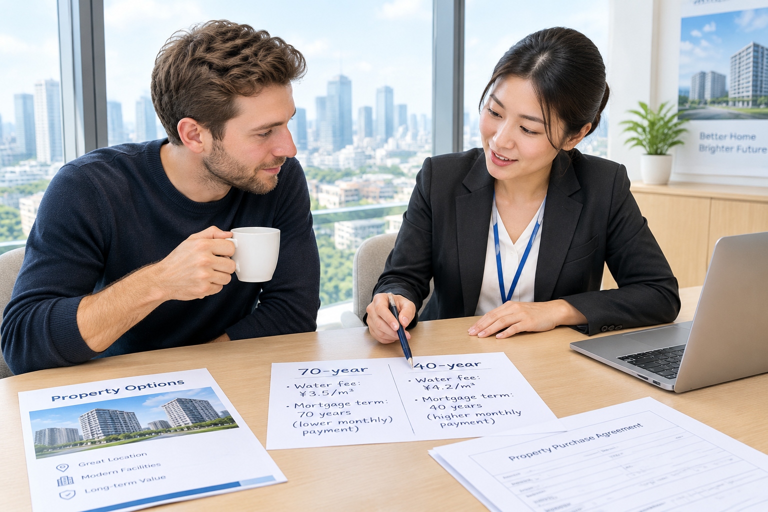 Real estate agent explaining residential and commercial property differences to a foreign buyer