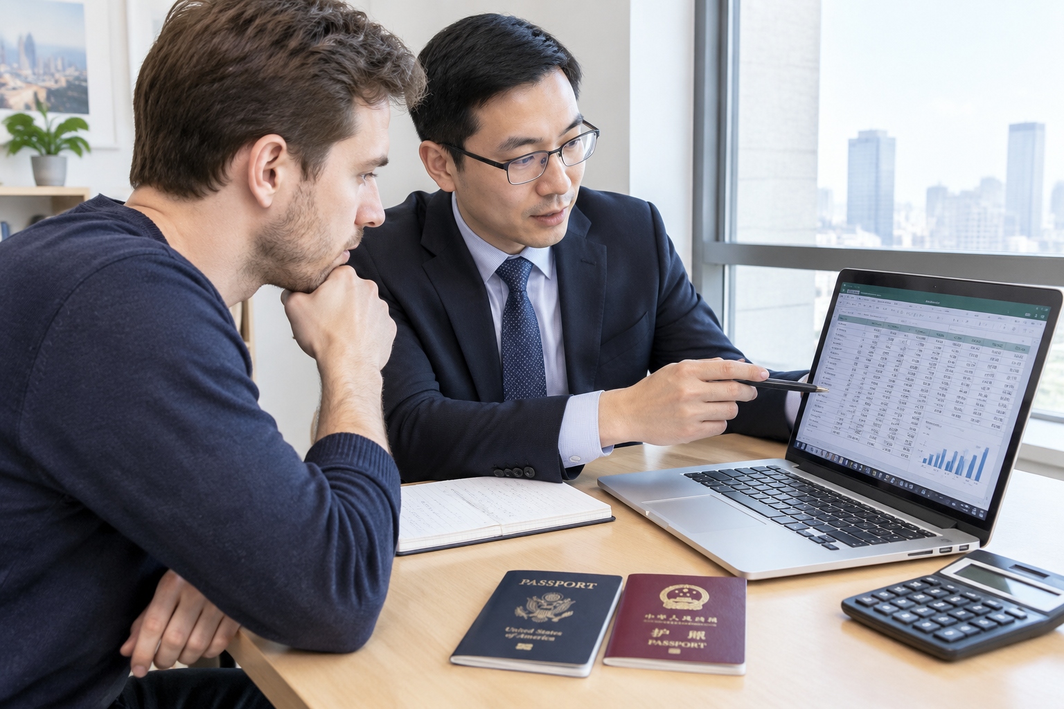 Foreign homeowner discussing property sale tax with Chinese advisor in Shanghai