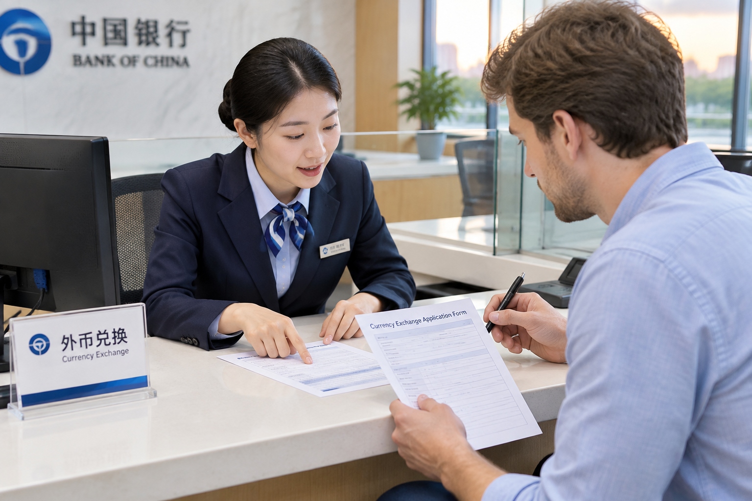 Bank teller helping foreign customer repatriate real estate sale proceeds