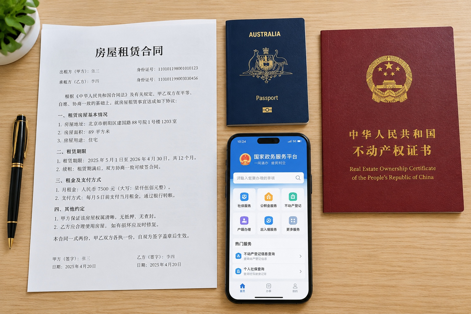 Rental contract, passport and Chinese property certificate prepared for lease registration