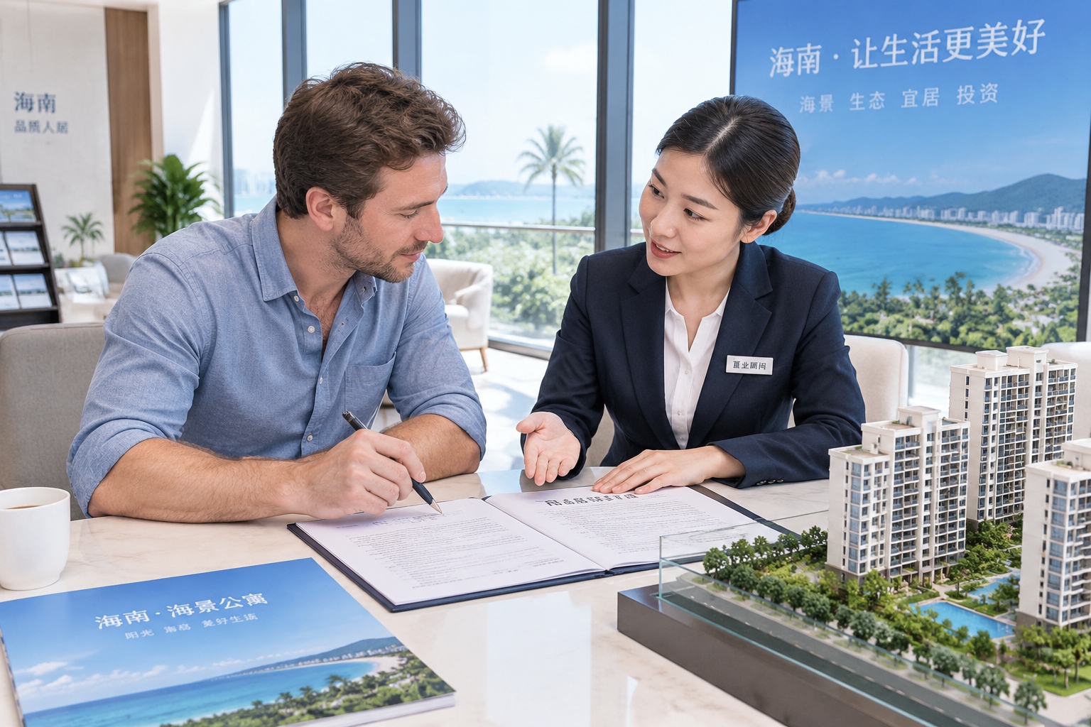 Foreign and Chinese homebuyers review a property contract at a housing sales office in Hainan Free Trade Port