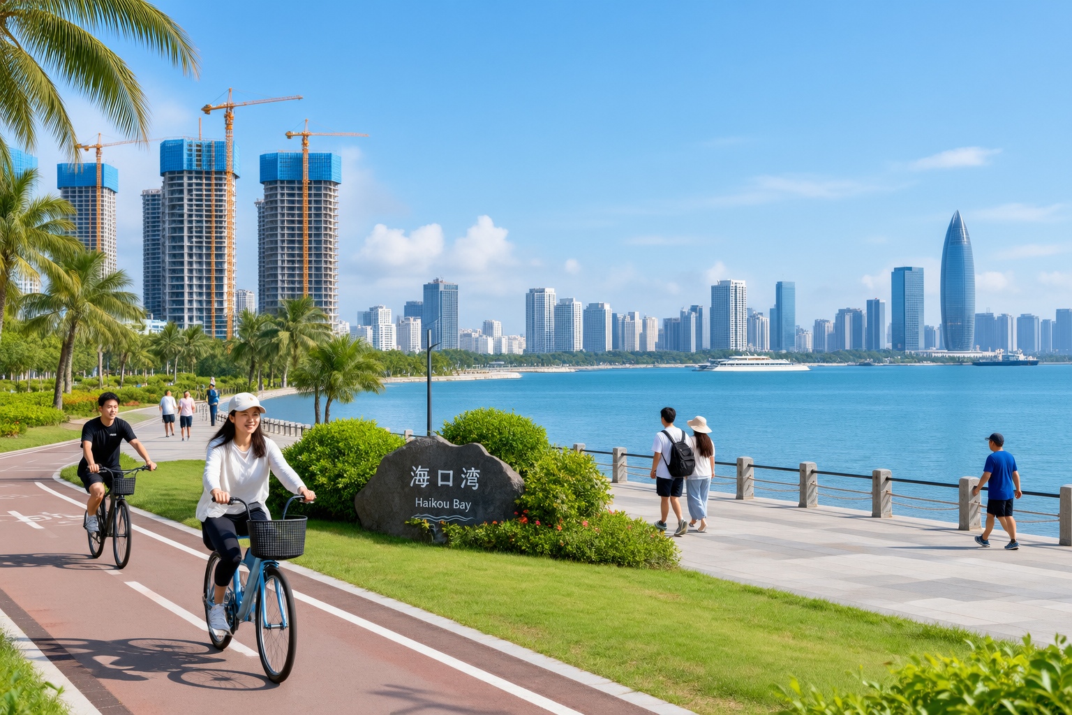Haikou city skyline residential towers and waterfront park on Hainan island