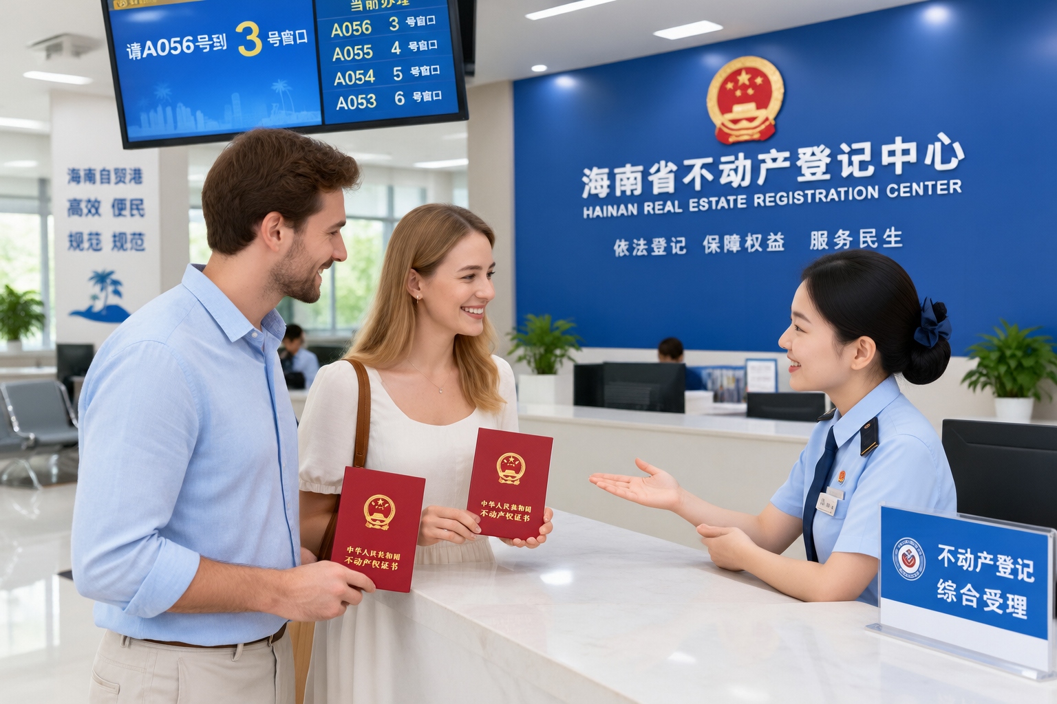 Foreign property buyers receive their real estate ownership certificates at a registration center in Hainan