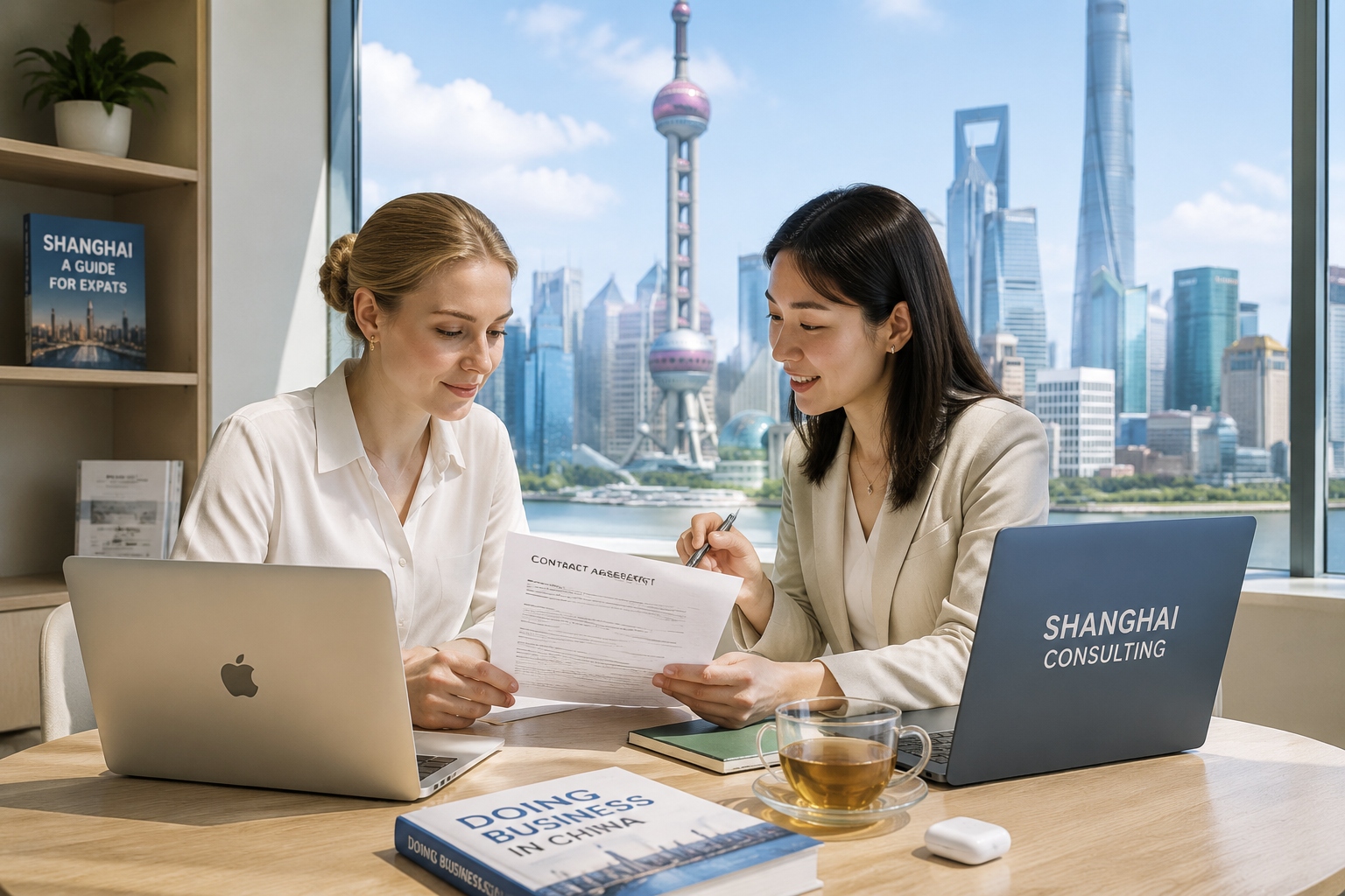Foreign female entrepreneur discussing WFOE registration documents with a Chinese consultant in a Shanghai co-working office