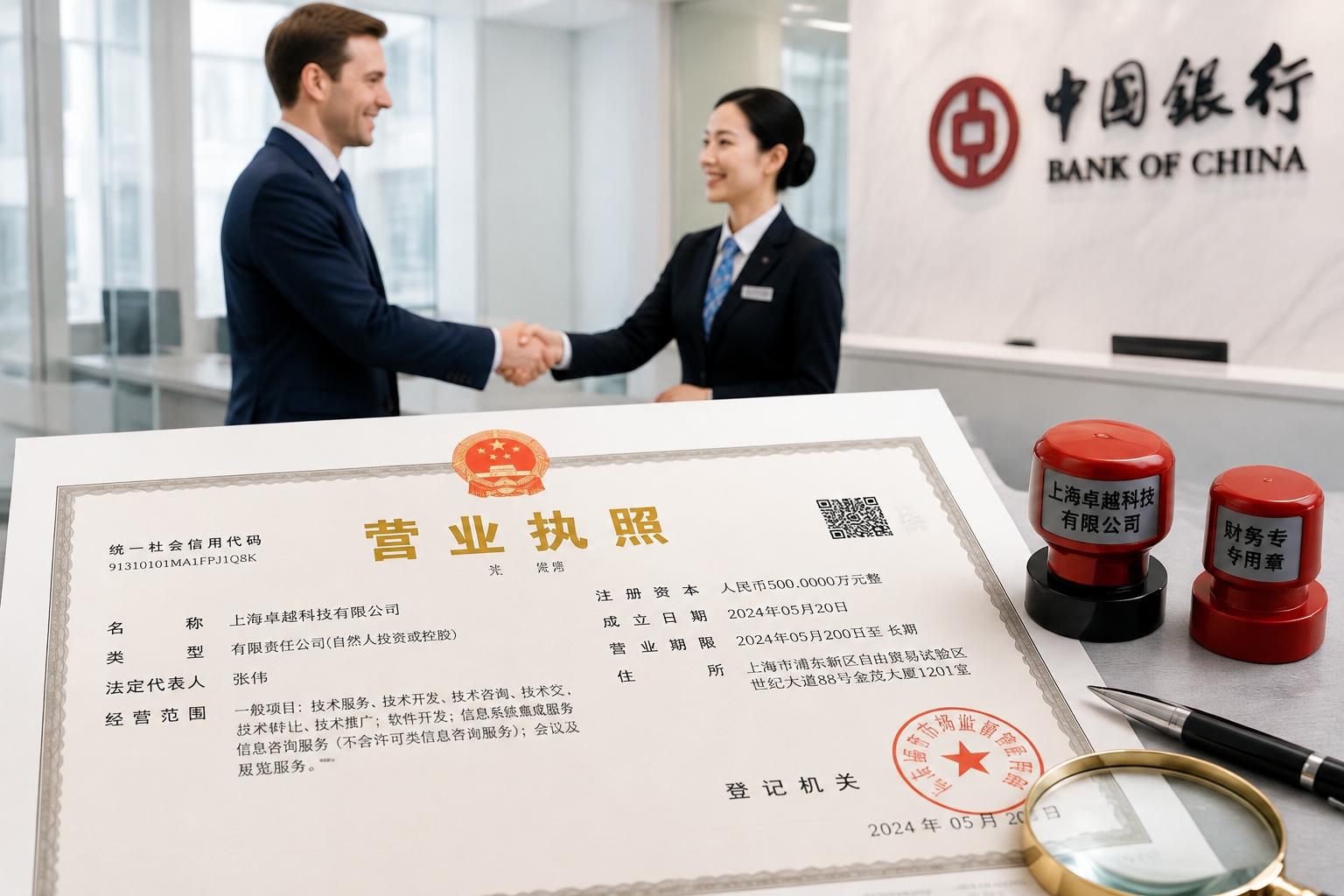 Newly issued Chinese business license with unified social credit code and carved company seals on a glass office table