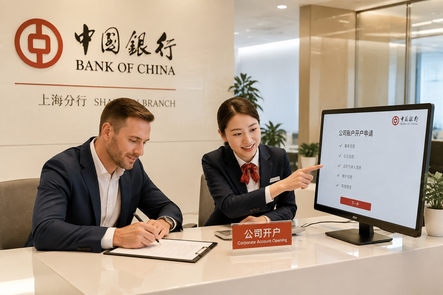 Foreign business owner and Chinese bank officer completing a corporate bank account application in a Shanghai bank