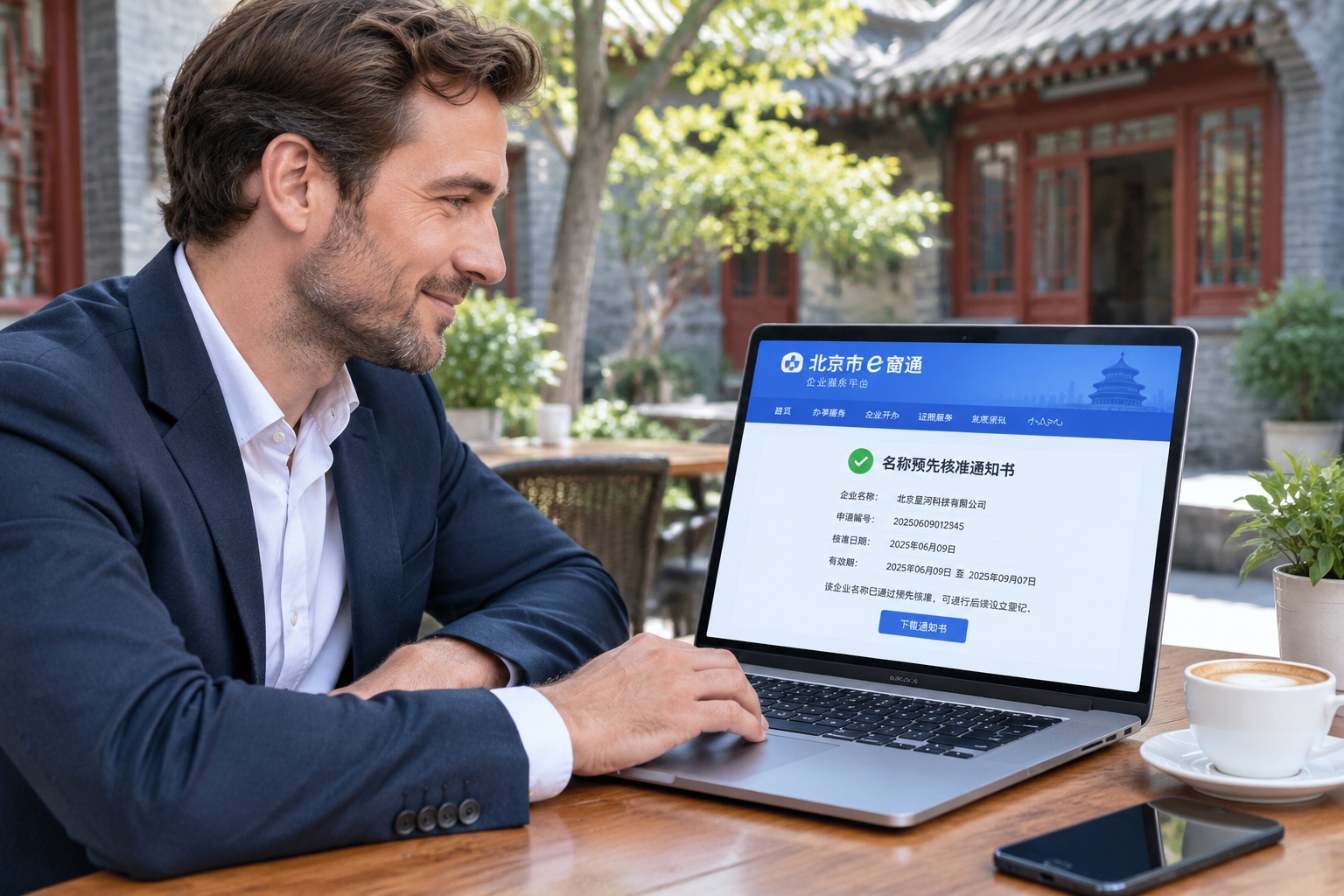 British entrepreneur using Beijing e窗通 online portal for company name pre-approval in a Beijing cafe