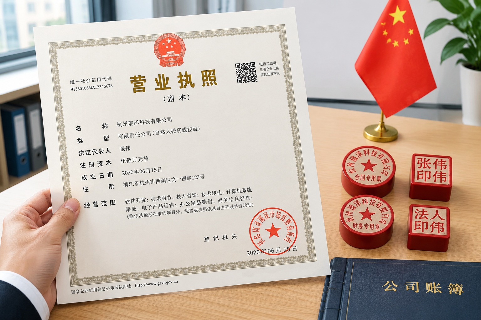 Newly issued WFOE business license and official company seals on a Beijing office desk