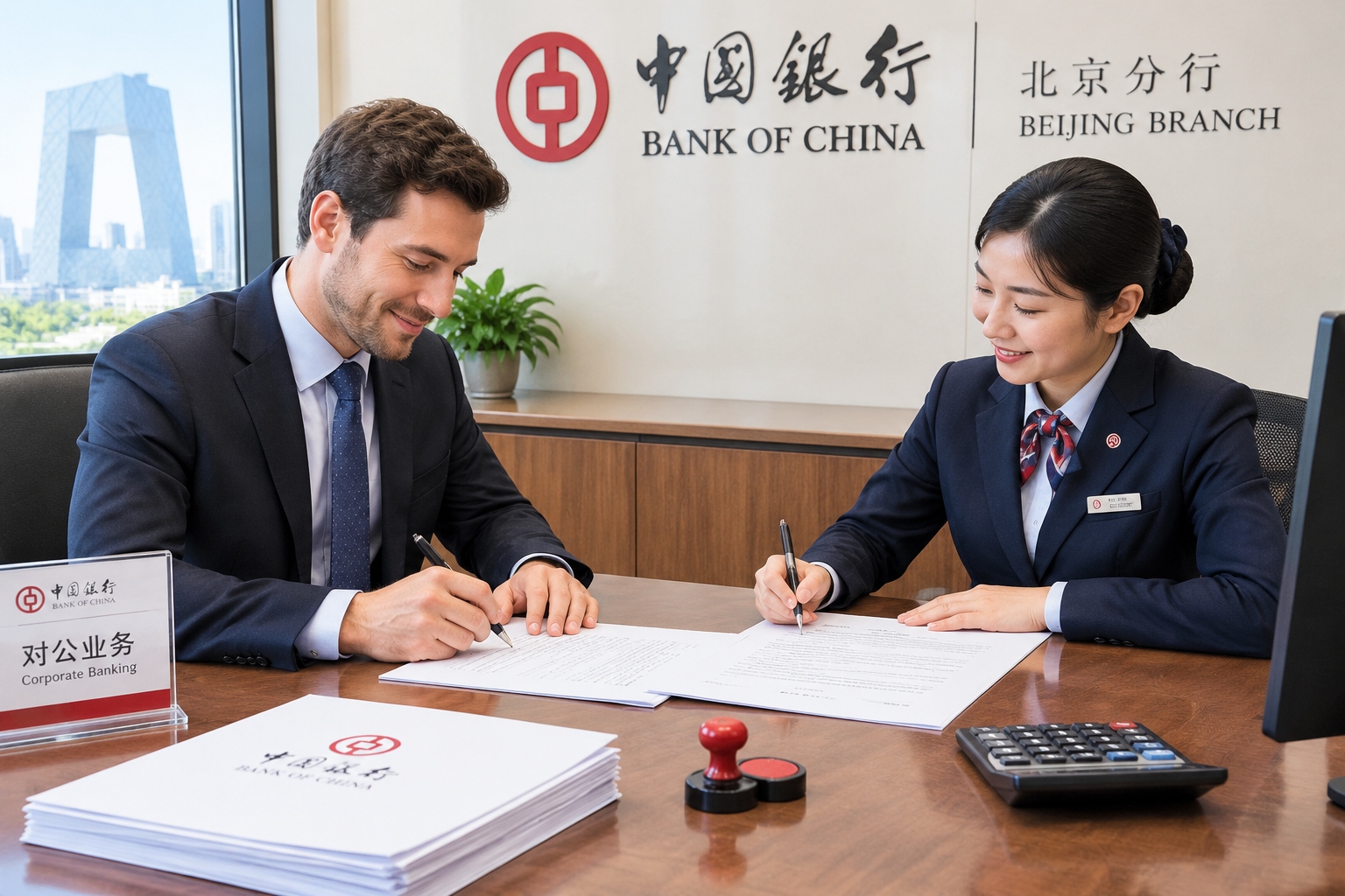 Foreign entrepreneur and Chinese bank manager sign corporate account opening documents at a Bank of China branch
