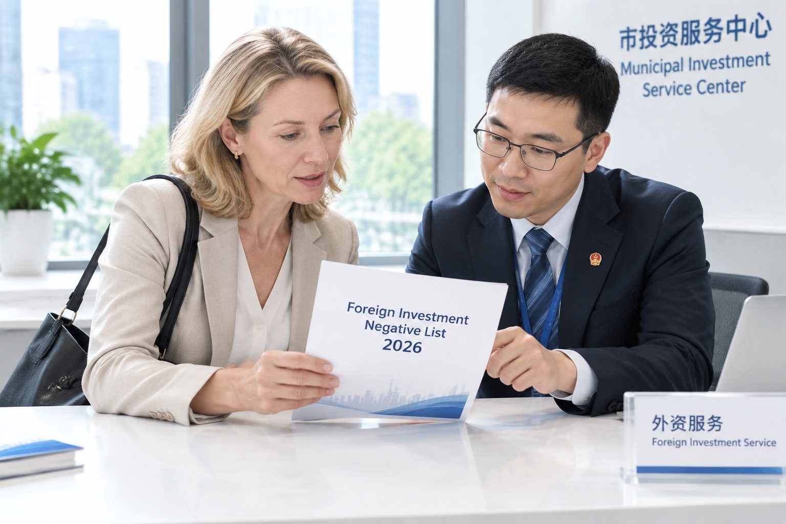 China's 2026 Negative List for Foreign Investment: Restricted, Prohibited, and Encouraged Sectors 22 European entrepreneur reading China 2026 Negative List with Chinese investment official