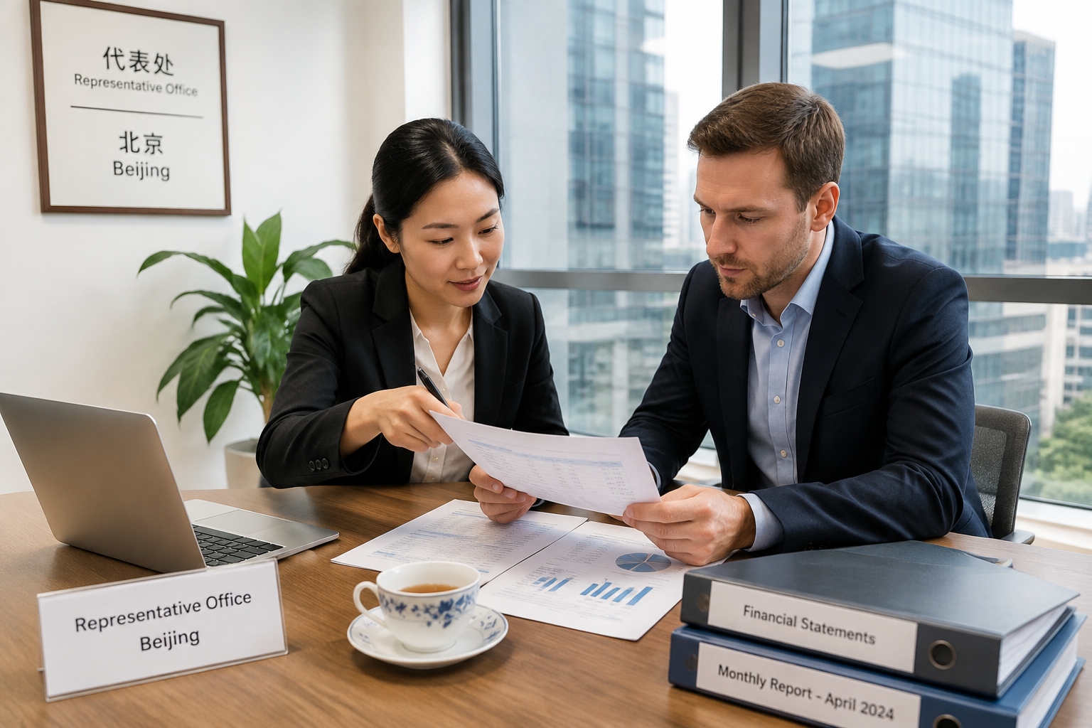 Manager and accountant reviewing tax filing and annual report paperwork inside a representative office in China