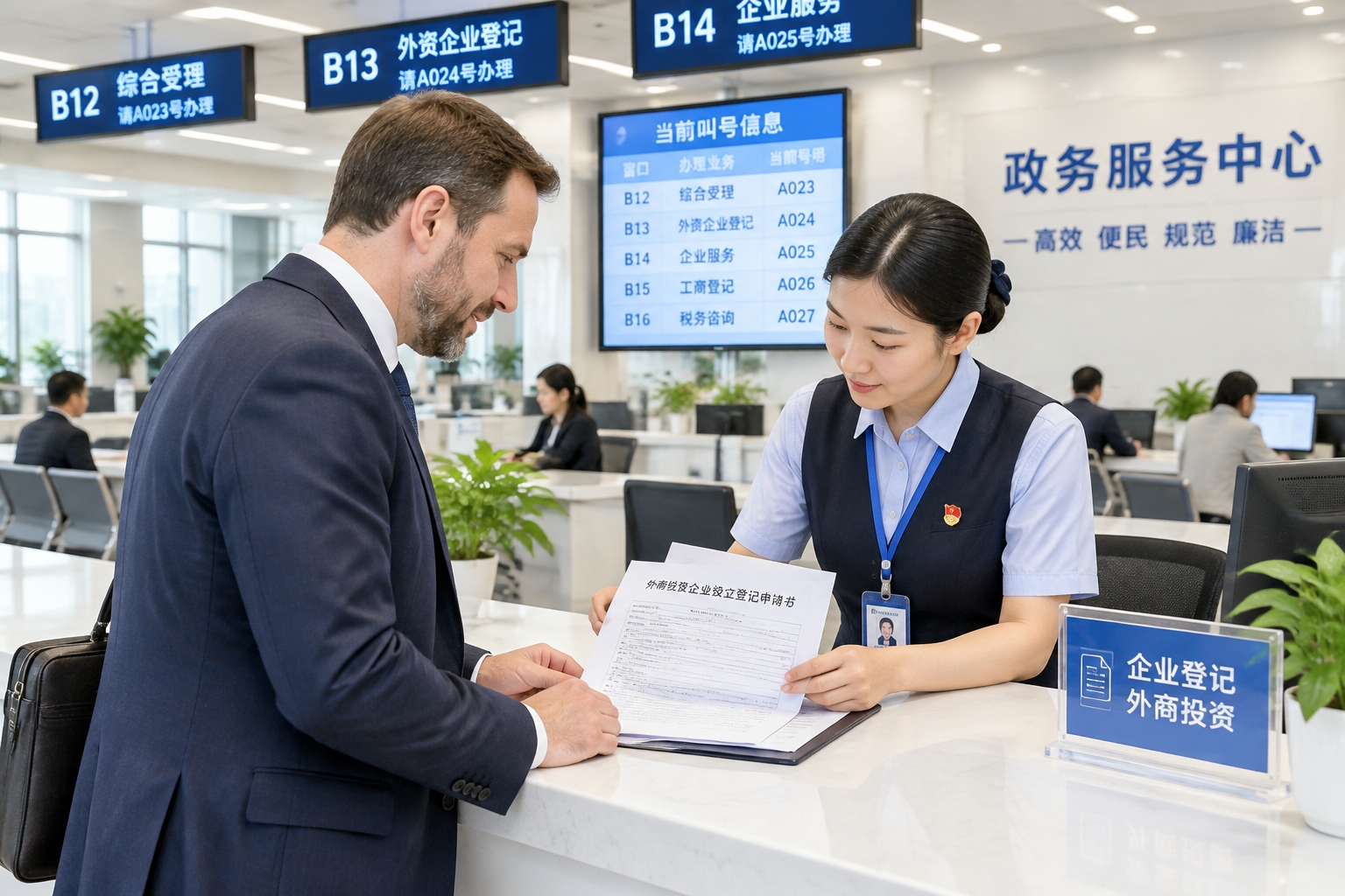 Foreign entrepreneur submitting representative office registration documents at a Chinese government service hall
