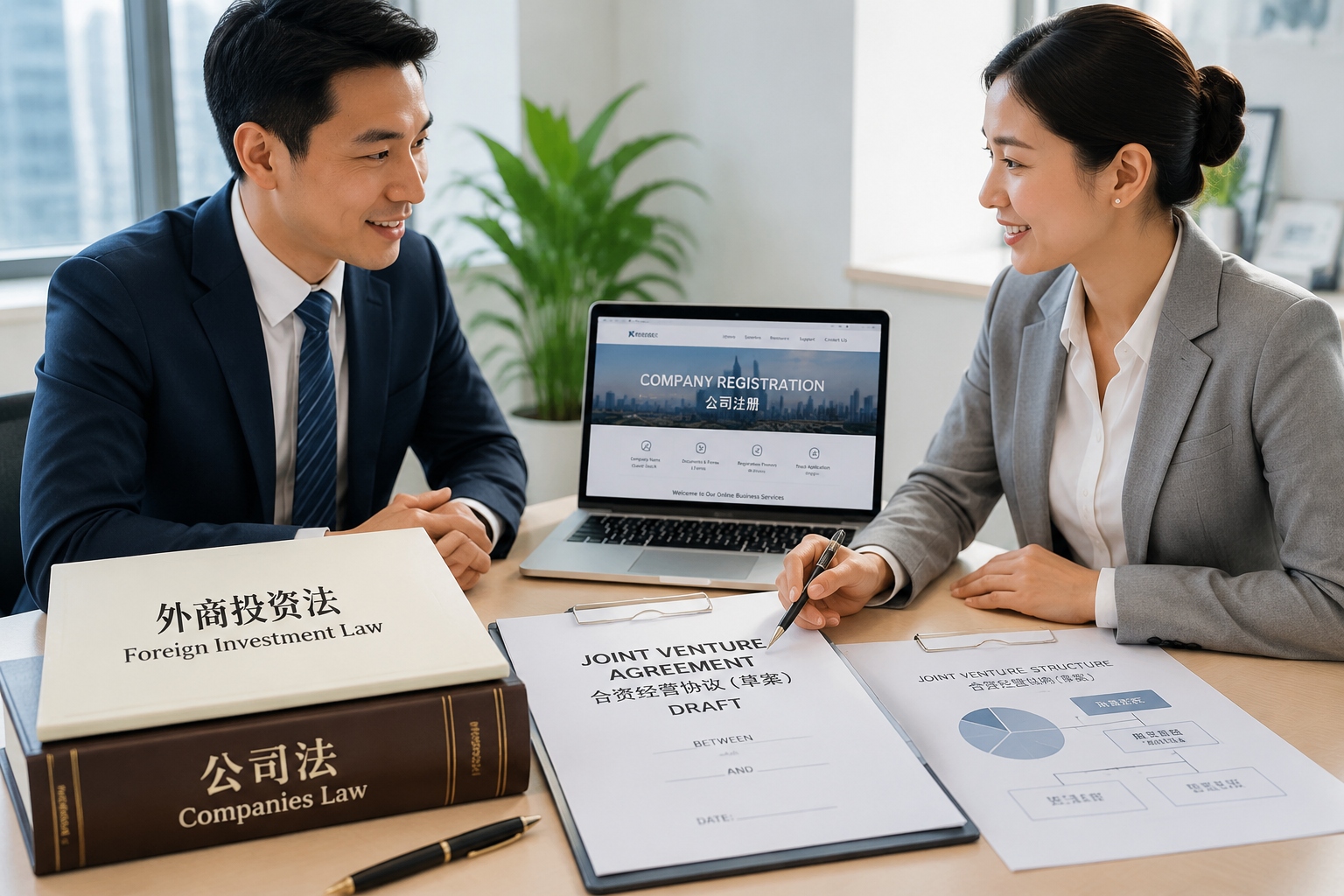 Foreign Investment Law and Companies Law documents with a draft Sino-foreign joint venture agreement on an office desk in China