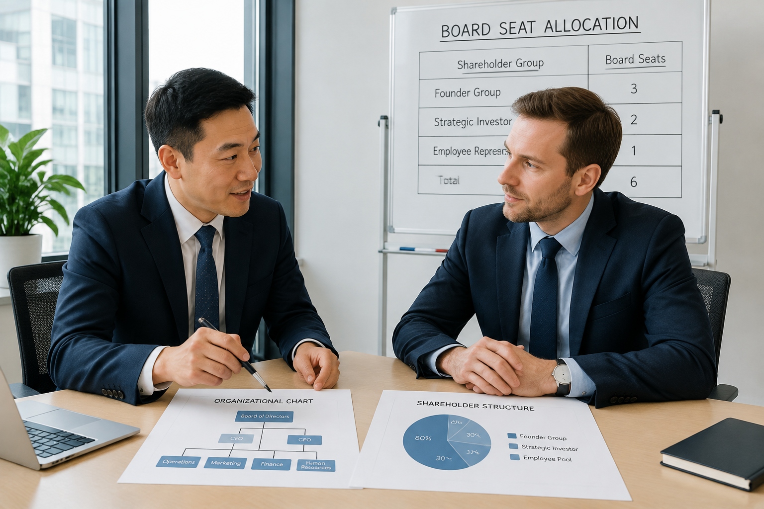 Chinese and foreign business partners discussing equity structure and board member appointment in a Shanghai meeting room