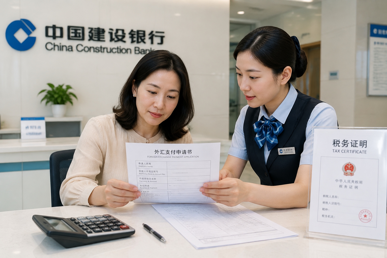 Chinese company accountant at a bank counter processing cross-border dividend remittance and foreign exchange forms