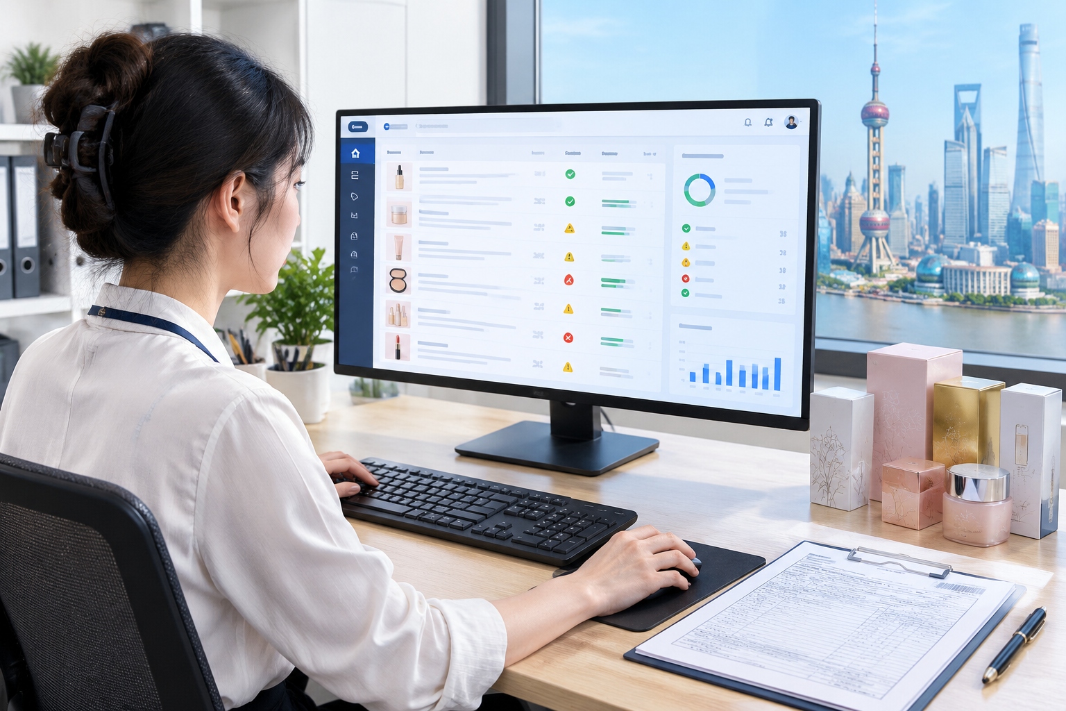 E-commerce compliance dashboard and customs forms on a Shanghai office desk