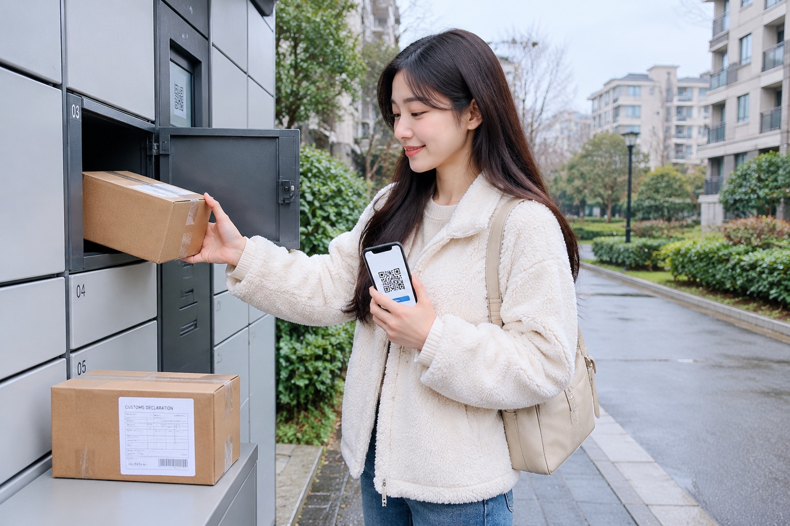 Chinese consumer picking up a cross-border online order at a neighborhood parcel locker