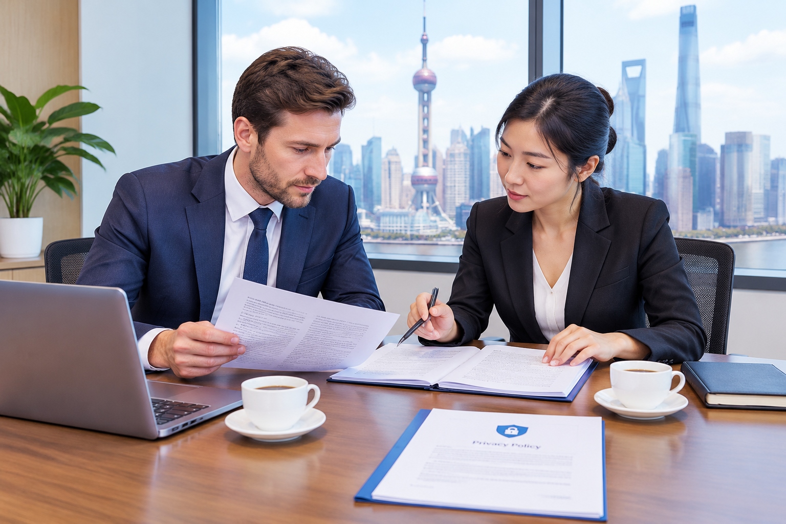 Foreign seller and Shanghai legal consultant reviewing data compliance documents for e-commerce