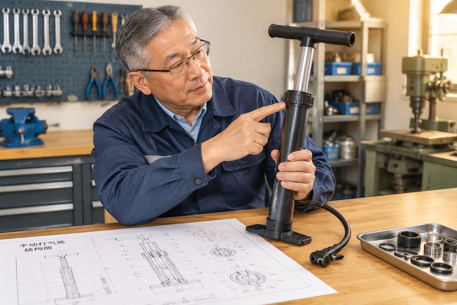 Engineer examining a manual pump structural improvement suitable for a Chinese utility model patent
