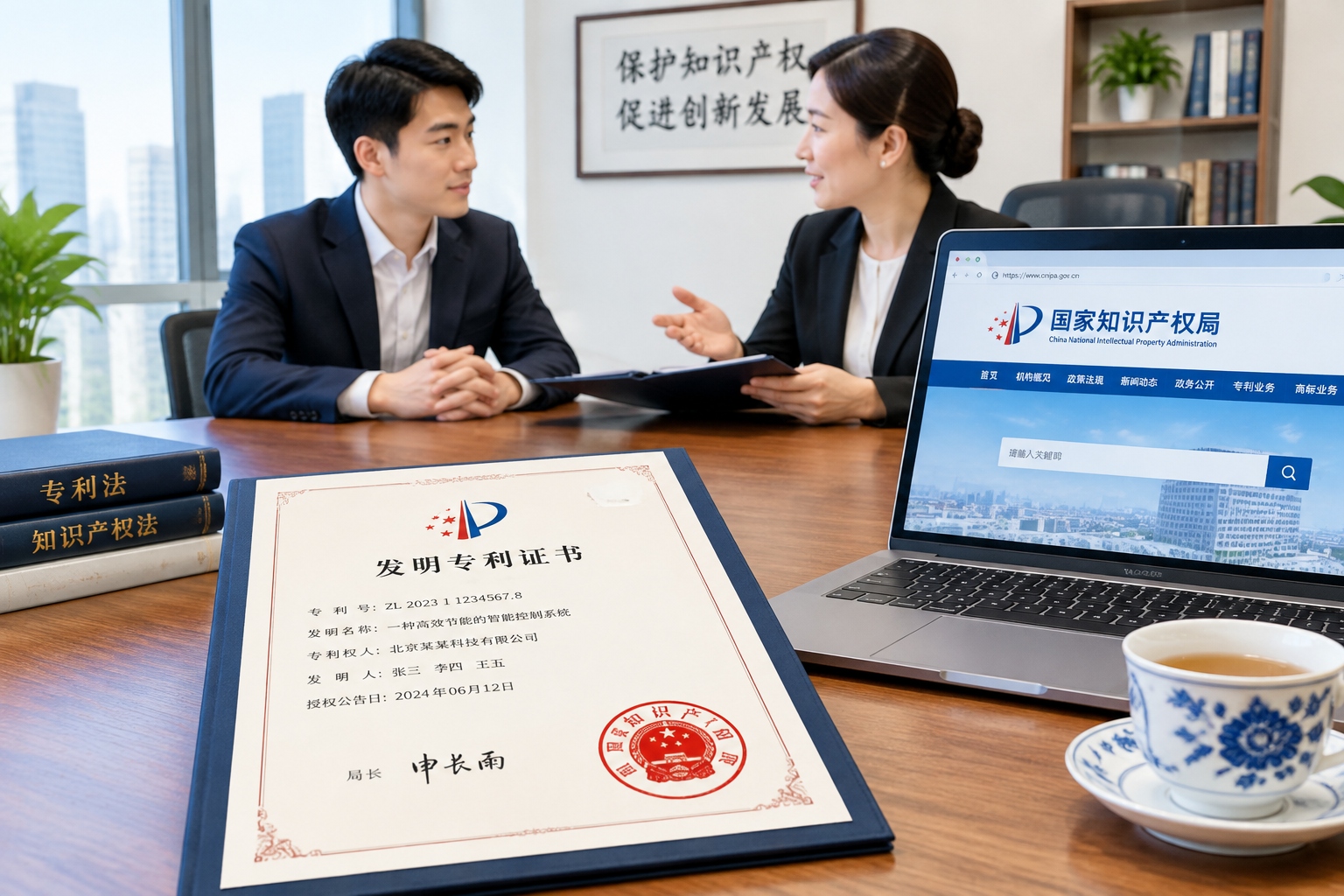 Chinese patent grant certificate on a desk in a law firm near a laptop
